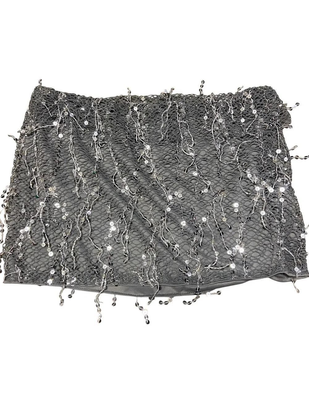 Pretty Little Thing Silver Sequin Tassel Mesh Micro Mini Skirt Size 12 Party - Picture 3 of 11